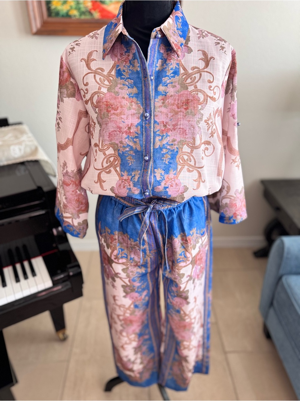 Women's Pink & Blue Printed Linen Jumpsuit - Picture 3 of 16